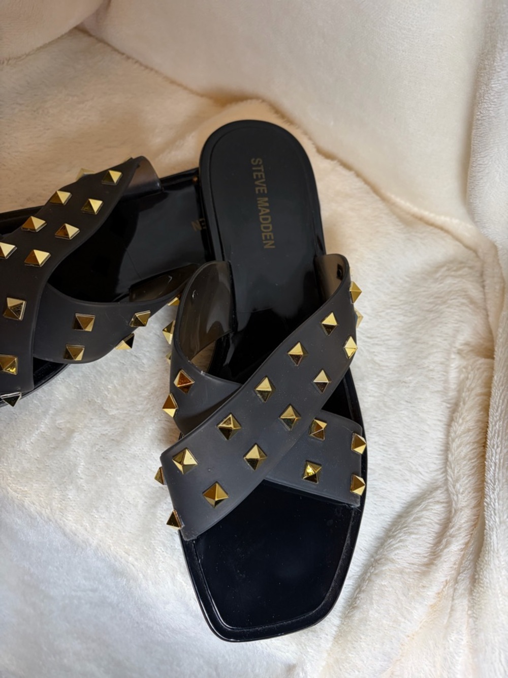 Steve Madden Tace Black Slide Jelly Sandals with Gold Studs - Picture 2 of 4